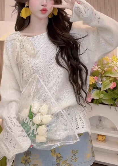Chic Yellow Hollow Out Bow Knit Sweaters Spring