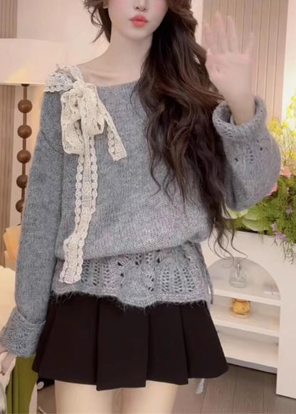 Chic Yellow Hollow Out Bow Knit Sweaters Spring