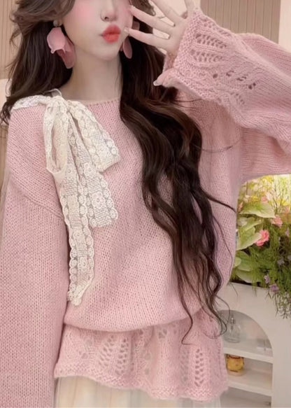 Chic Yellow Hollow Out Bow Knit Sweaters Spring