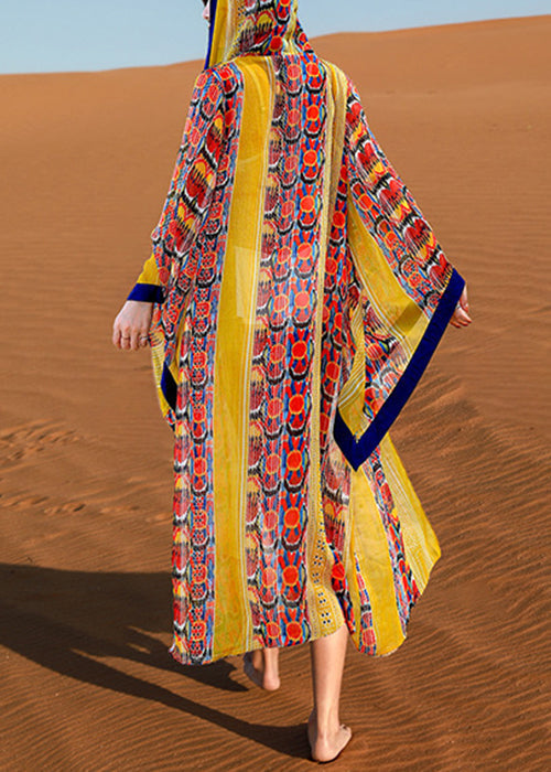 Chic Yellow Hooded Print Chiffon Long Cardigan Flare Sleeve