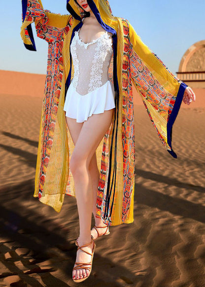 Chic Yellow Hooded Print Chiffon Long Cardigan Flare Sleeve