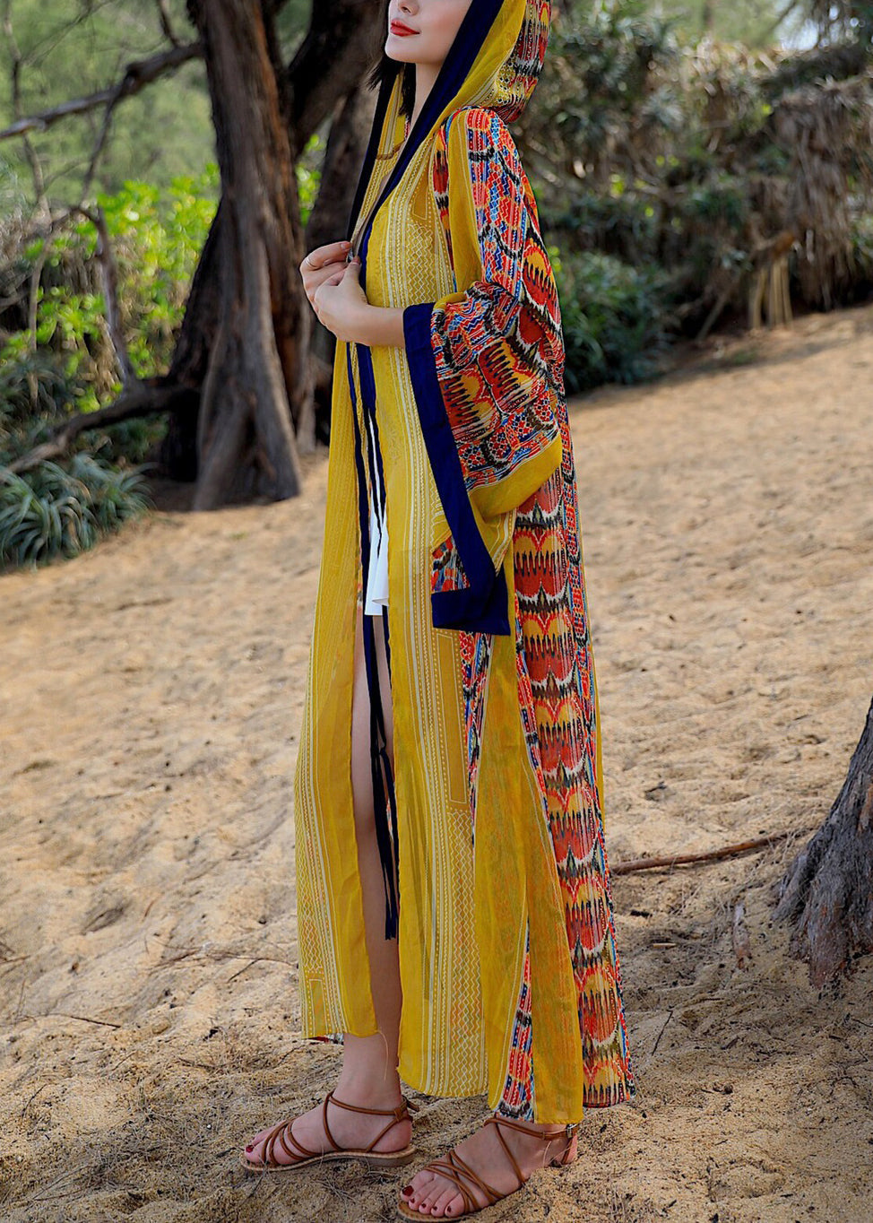 Chic Yellow Hooded Print Chiffon Long Cardigan Flare Sleeve