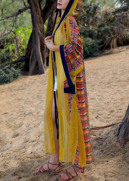 Chic Yellow Hooded Print Chiffon Long Cardigan Flare Sleeve