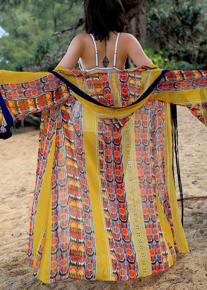 Chic Yellow Hooded Print Chiffon Long Cardigan Flare Sleeve