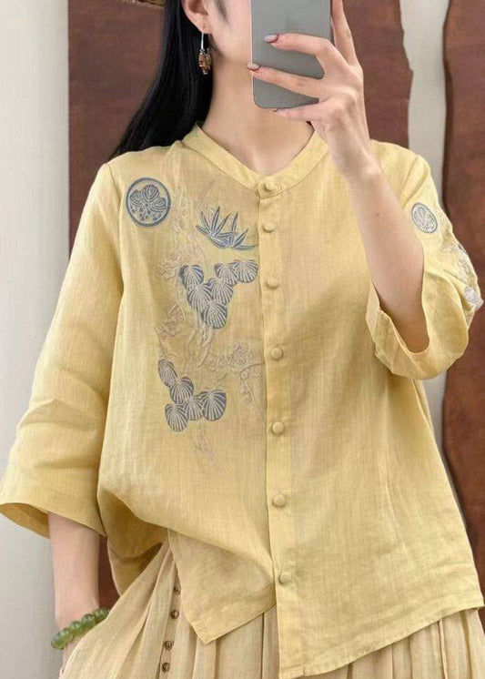 Chic Yellow O-Neck Embroidered Button Linen Top Three Quarter Sleeve