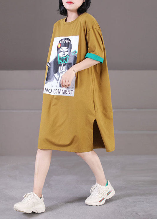 Chic Yellow O-Neck Patchwork Applique Side Open Cotton Maxi Dress Short Sleeve