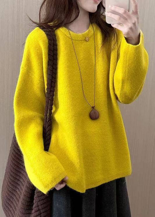 Chic Yellow O-Neck Warm Knitted Tops Winter
