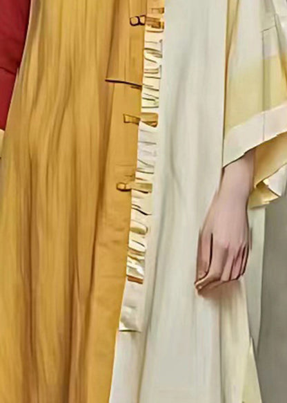 Chic Yellow Oversized Patchwork Linen Shirt Dress Summer