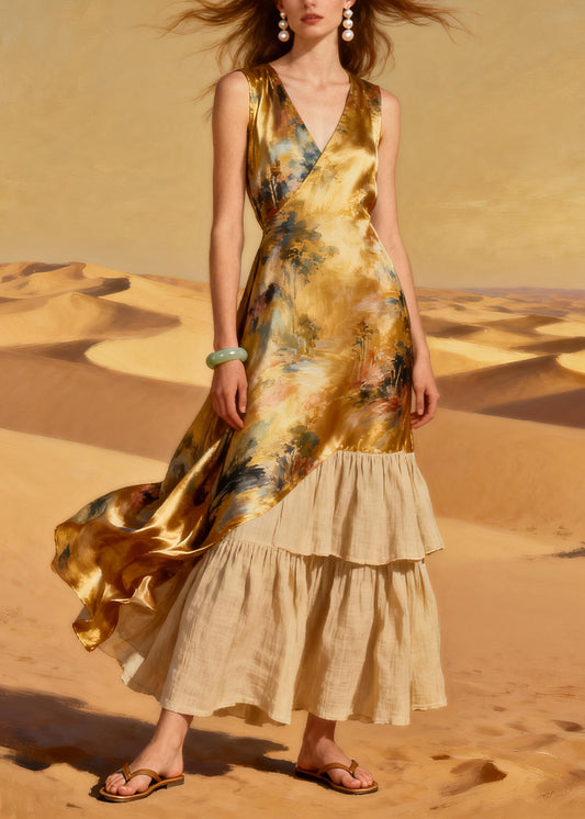 Chic Yellow Print Patchwork Linen Silk Ankle Dress Summer