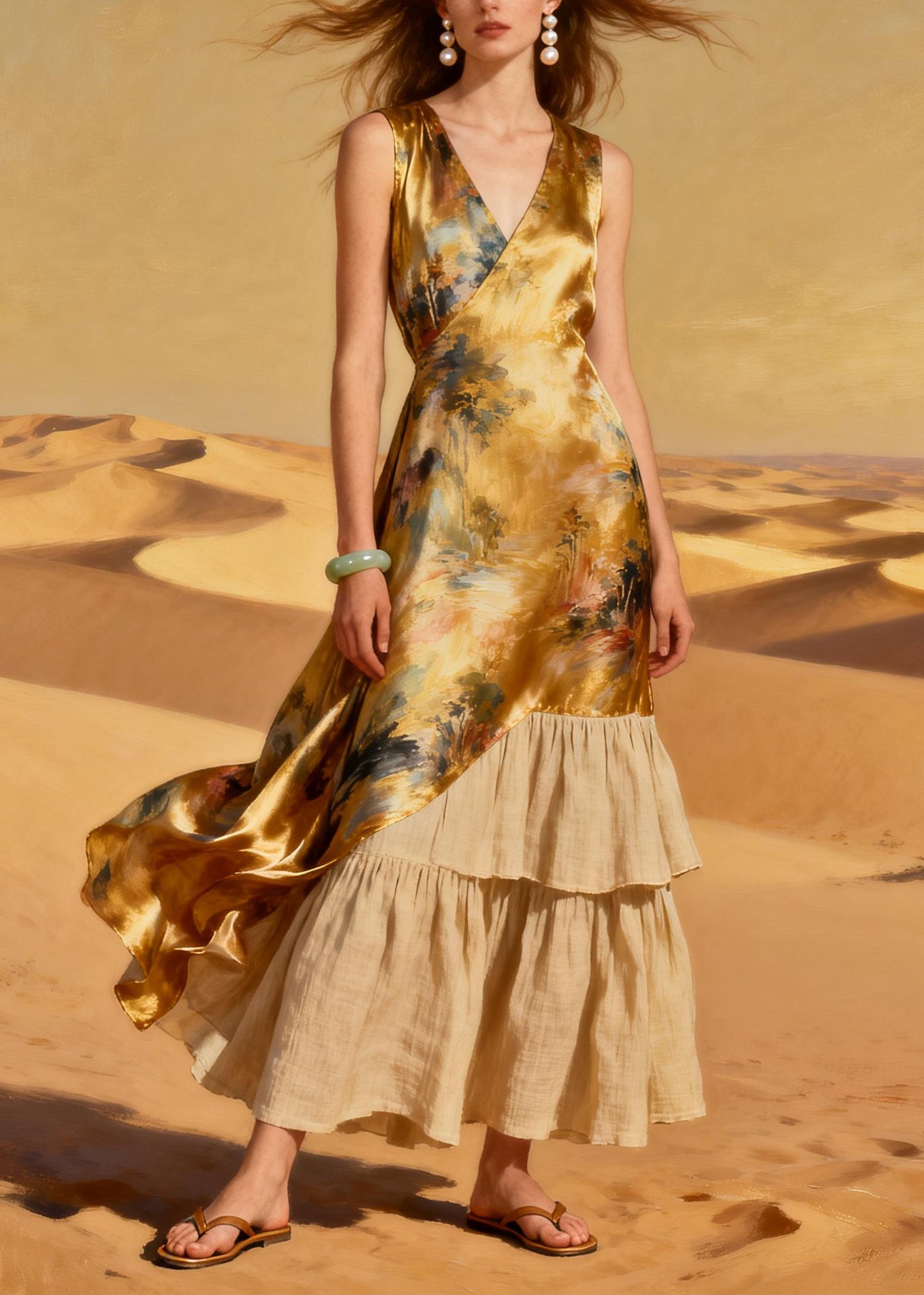 Chic Yellow Print Patchwork Linen Silk Ankle Dress Summer
