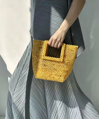 Chic Yellow Resin Beaded Woven Cut Out Clutch