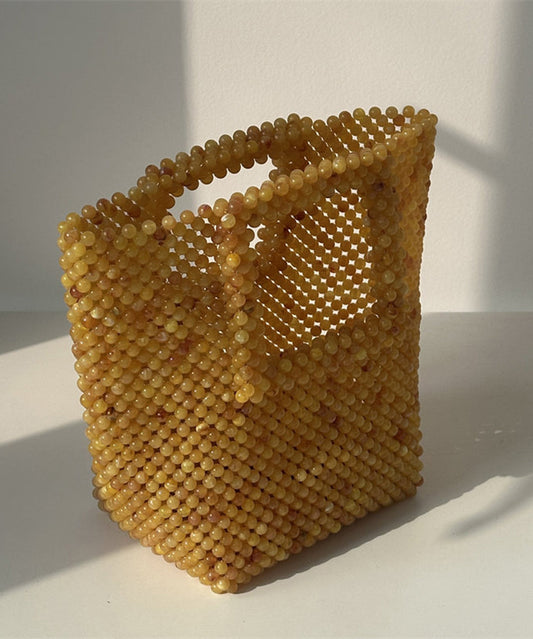 Chic Yellow Resin Beaded Woven Cut Out Clutch