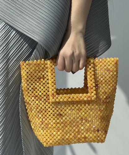 Chic Yellow Resin Beaded Woven Cut Out Clutch