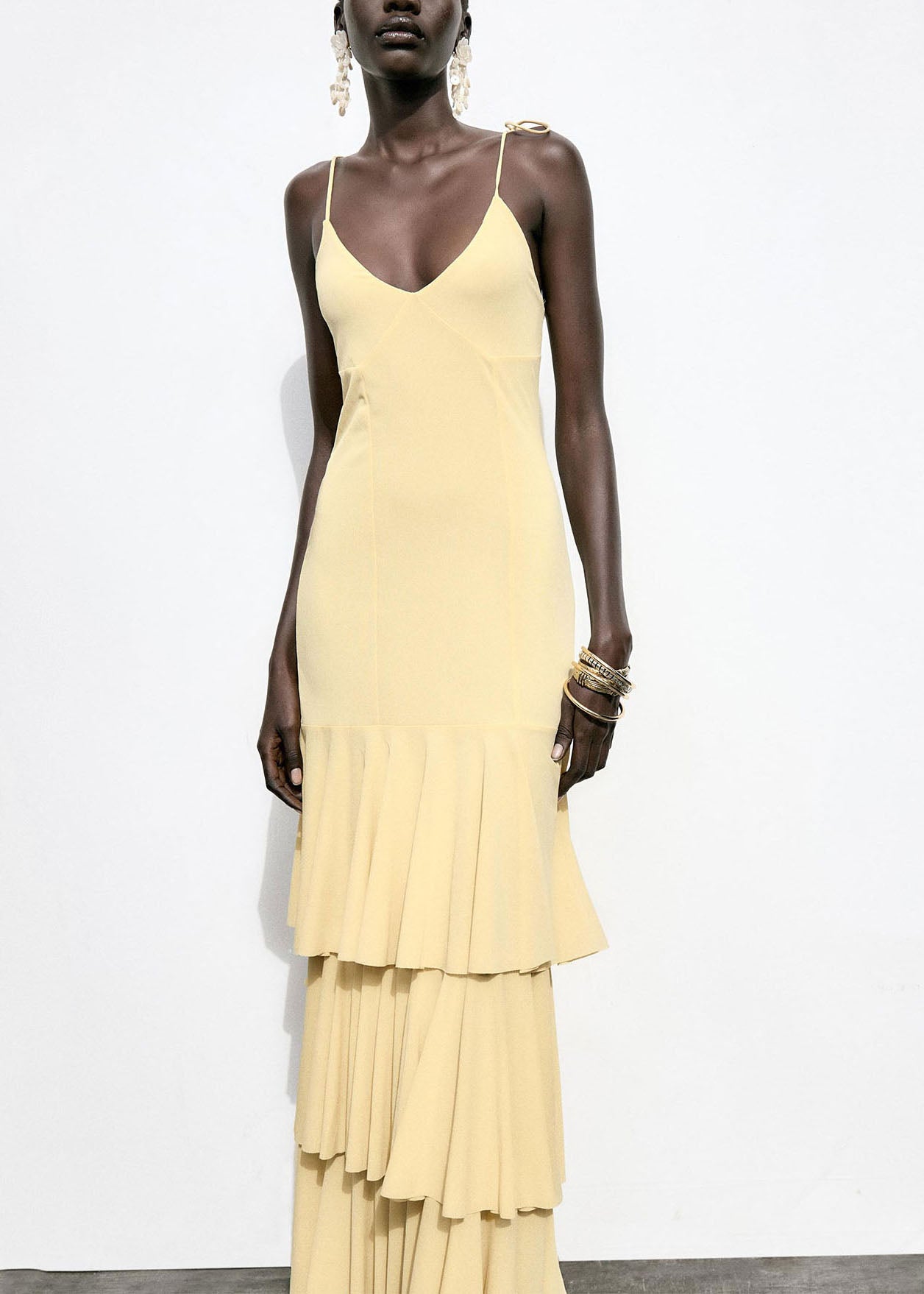 Chic Yellow Ruffled Patchwork Chiffon Spaghetti Strap Dress Summer