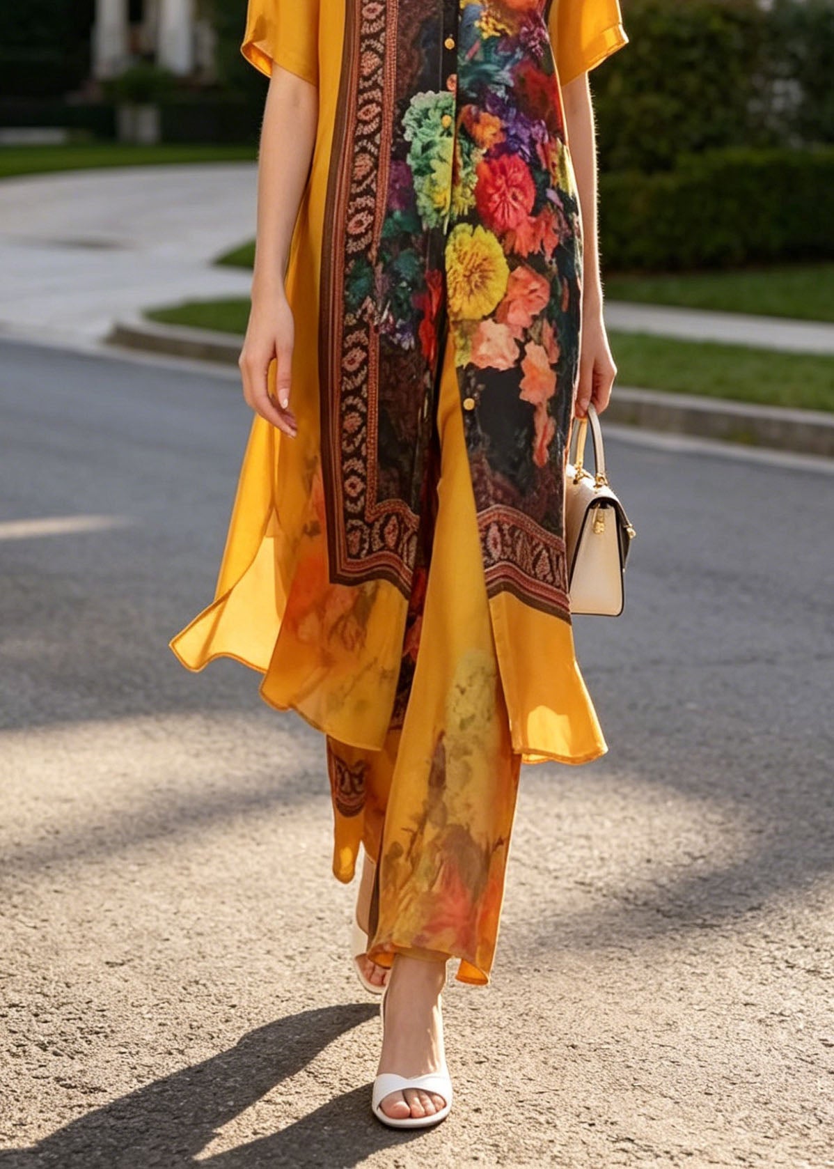 Chic Yellow Stand Collar Print Silk Two Piece Suit Set Summer