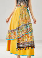 Chic Yellow Tasseled Patchwork Tulle Skirt Summer