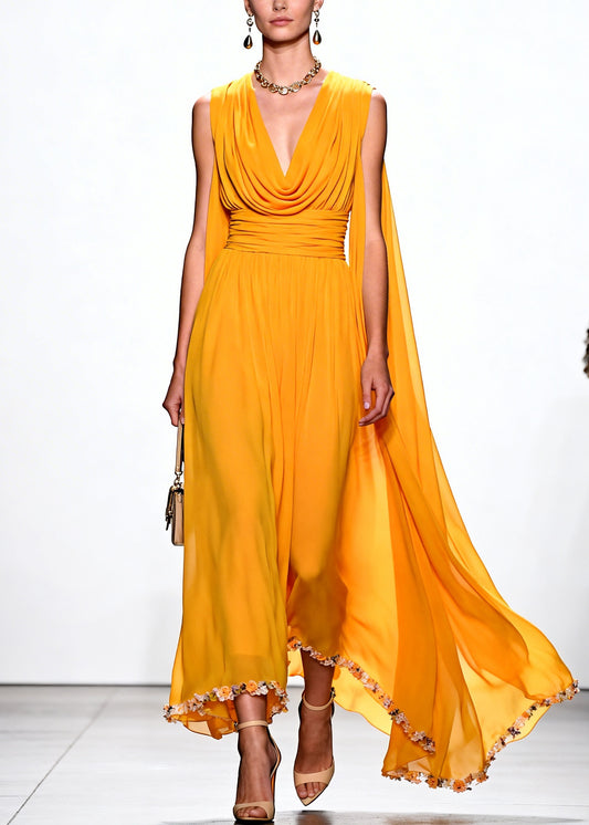 Chic Yellow Turtle Neck Flower Lace Draping Chiffon Dress Summer