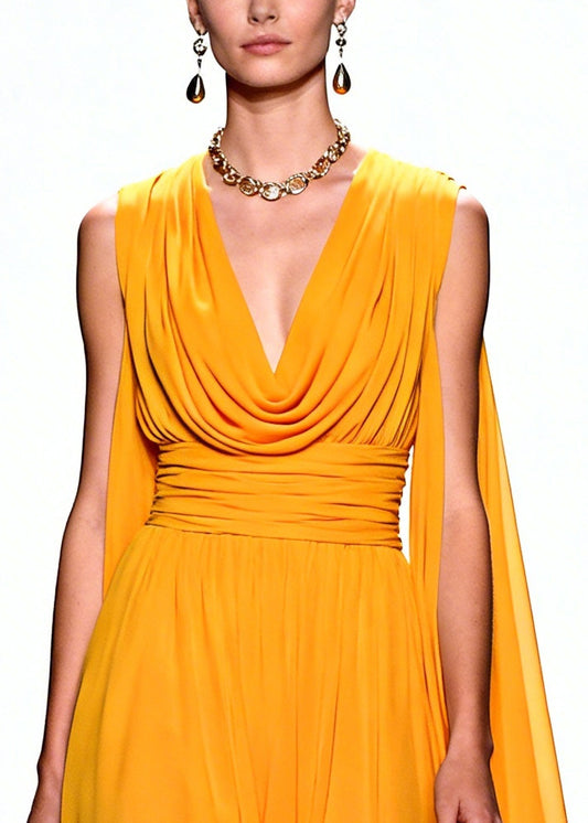 Chic Yellow Turtle Neck Flower Lace Draping Chiffon Dress Summer