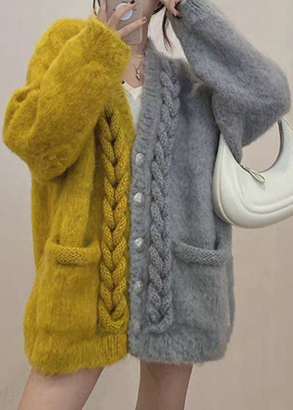 Chic Yellow V Neck Patchwork Button Cozy Cotton Knit Cardigans Winter
