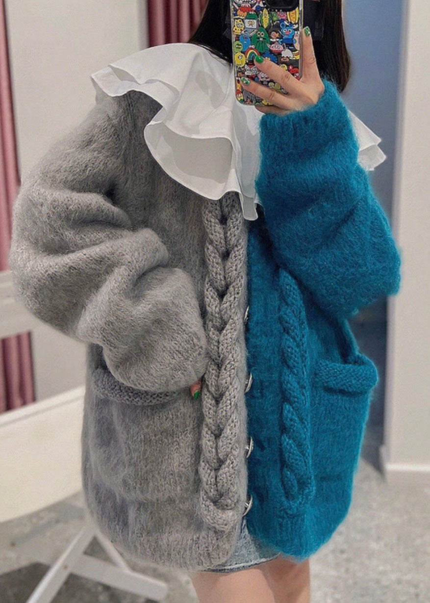 Chic Yellow V Neck Patchwork Button Cozy Cotton Knit Cardigans Winter