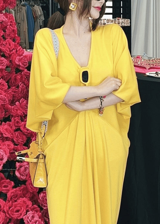 Chic Yellow V Neck Patchwork Cotton Dresses Batwing Sleeve
