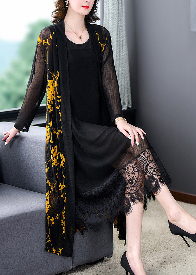 Chic Yellow V Neck Print Tulle Long Sunscreen Cardigans Long Sleeve