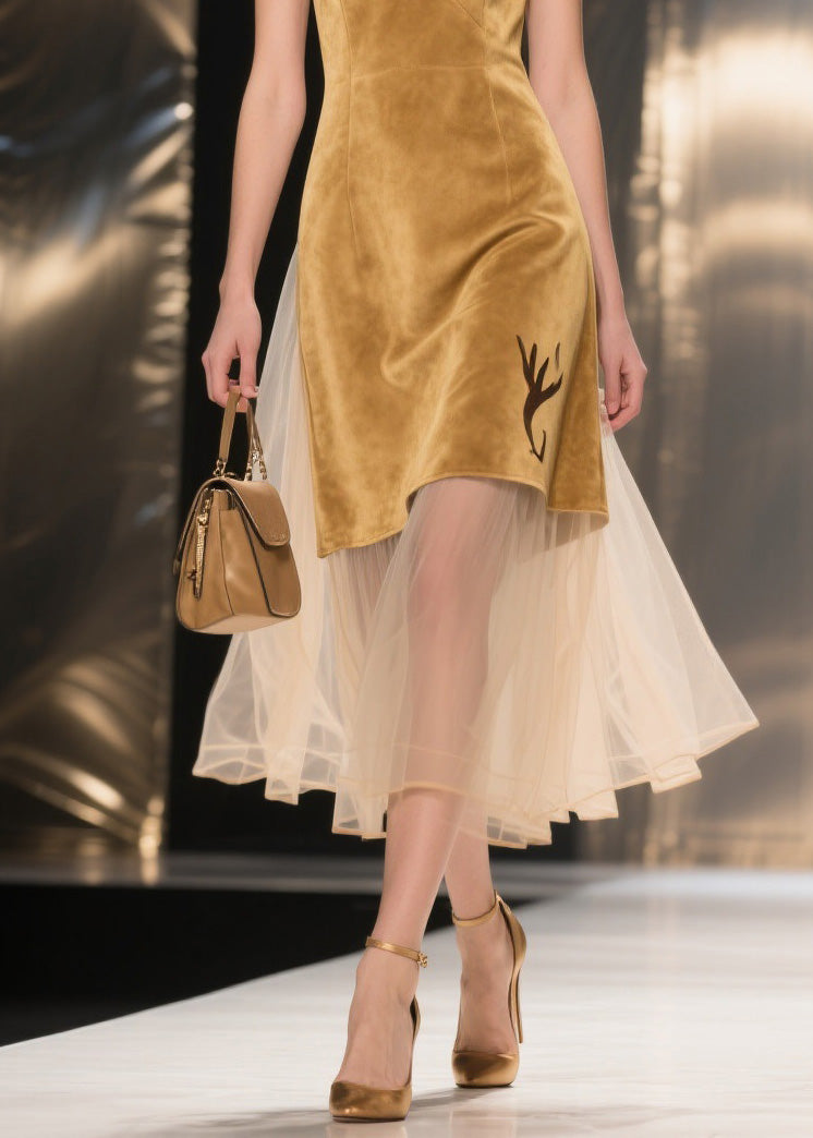 Chic Yellow V Neck Tulle Patchwork Velvet Dresses Sleeveless