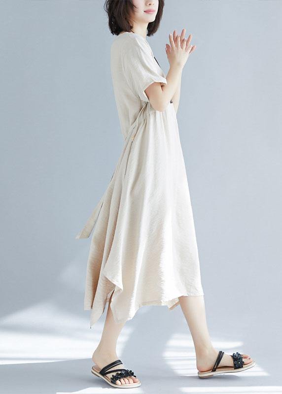 Chic big hem linen cotton clothes For Women Inspiration beige side open Dress summer - SooLinen