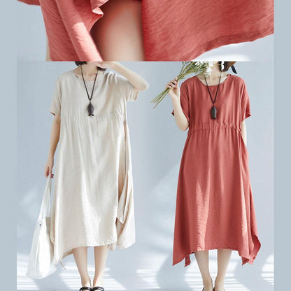 Chic big hem linen cotton clothes For Women Inspiration beige side open Dress summer - SooLinen