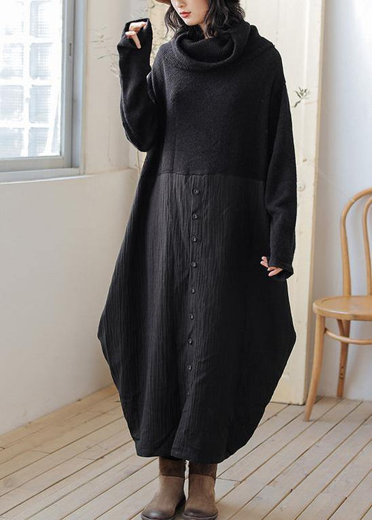 Chic black Sweater Wardrobes Upcycle high neck asymmetric Hipster knitwear - SooLinen