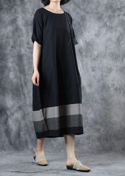 Chic black cotton dress patchwork long summer Dress - SooLinen