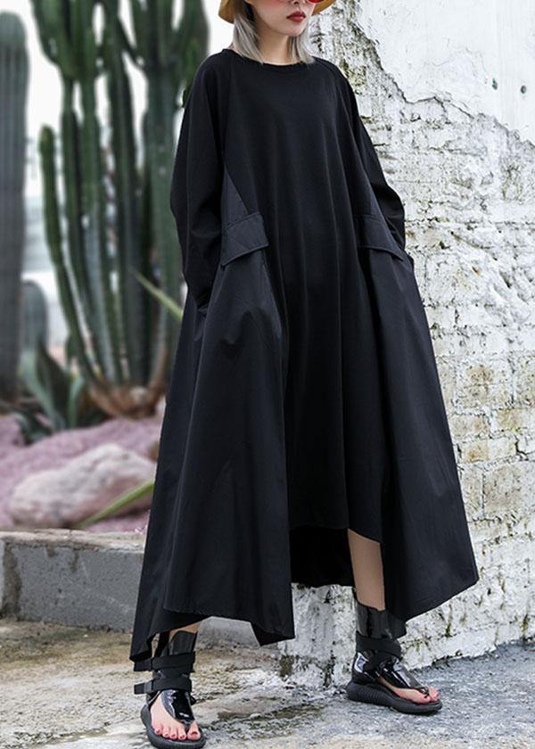 Chic black cotton quilting dresses patchwork Plus Size fall Dress - SooLinen