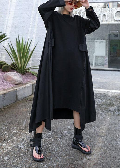 Chic black cotton quilting dresses patchwork Plus Size fall Dress - SooLinen