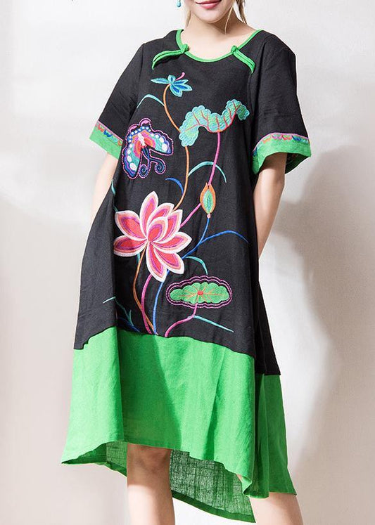 Chic black embroidery linen dresses o neck patchwork Dresses summer Dress - SooLinen