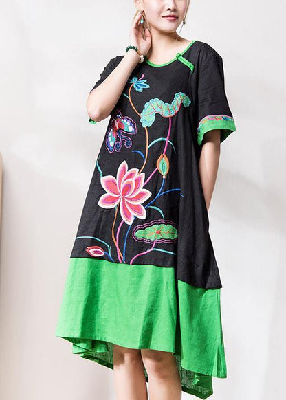Chic black embroidery linen dresses o neck patchwork Dresses summer Dress - SooLinen