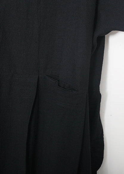 Chic black linen clothes Korea Sewing o neck asymmetric baggy Summer Dress