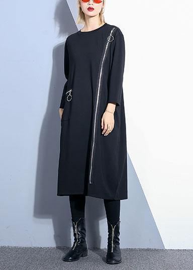 Chic black o neck cotton Tunics zippered Maxi fall Dresses - SooLinen