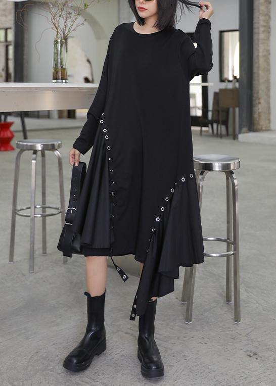 Chic black quilting dresses o neck patchwork Art Dress - SooLinen