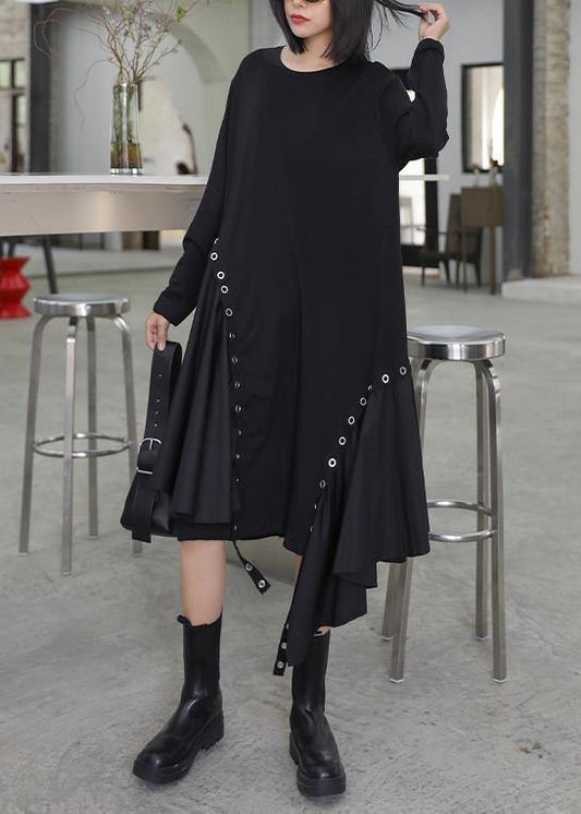 Chic black quilting dresses o neck patchwork Art Dress - SooLinen