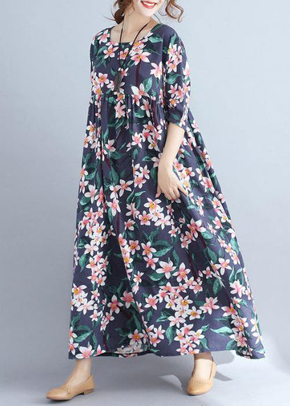 Chic blue print chiffon quilting clothes half sleeve Cinched chiffon summer Dress - SooLinen