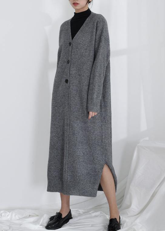 Chic gray Sweater weather Moda v neck Button Down tunic fall knit dresses - SooLinen