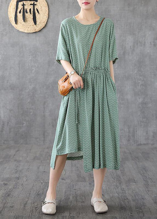 Chic green print linen dresses o neck asymmetric loose summer Dress - SooLinen