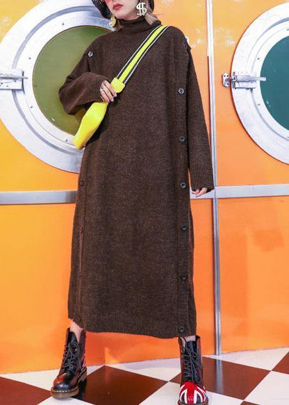 Chic high neck Sweater knit top pattern Vintage chocolate baggy knit dress fall - SooLinen