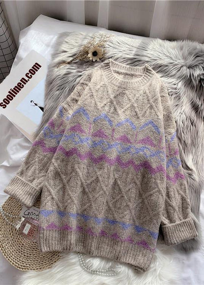 Chic khaki striped  Sweater Wardrobes Design o neck baggy knitted dress - SooLinen