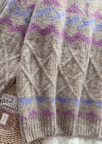 Chic khaki striped  Sweater Wardrobes Design o neck baggy knitted dress - SooLinen