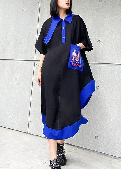 Chic lapel asymmetric cotton summer dresses pattern black cotton Dress - SooLinen