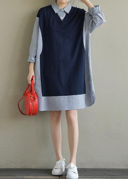 Chic lapel patchwork Cotton for women Work Outfits navy striped Dress spring - SooLinen