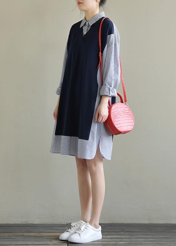 Chic lapel patchwork Cotton for women Work Outfits navy striped Dress spring - SooLinen