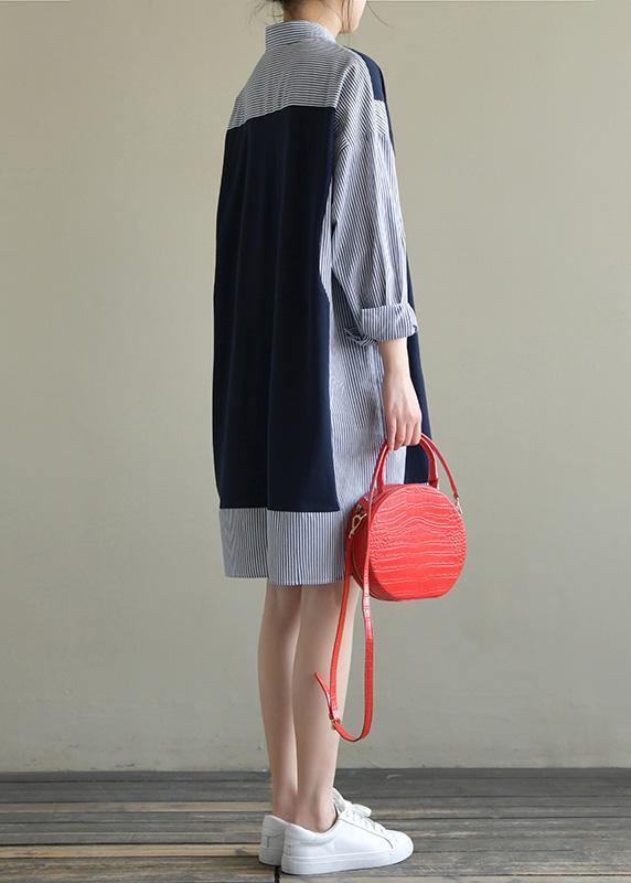 Chic lapel patchwork Cotton for women Work Outfits navy striped Dress spring - SooLinen