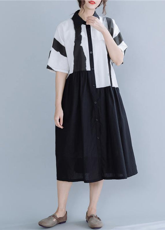 Chic lapel patchwork linen dresses Neckline black striped Dress summer - SooLinen